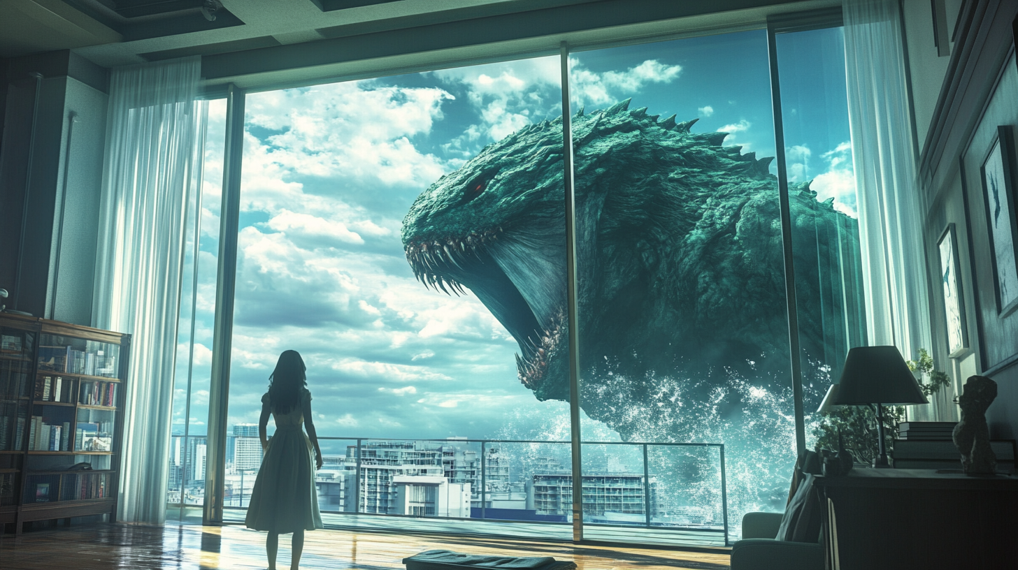 Girl in balcony sees sea monster, gets shocked.