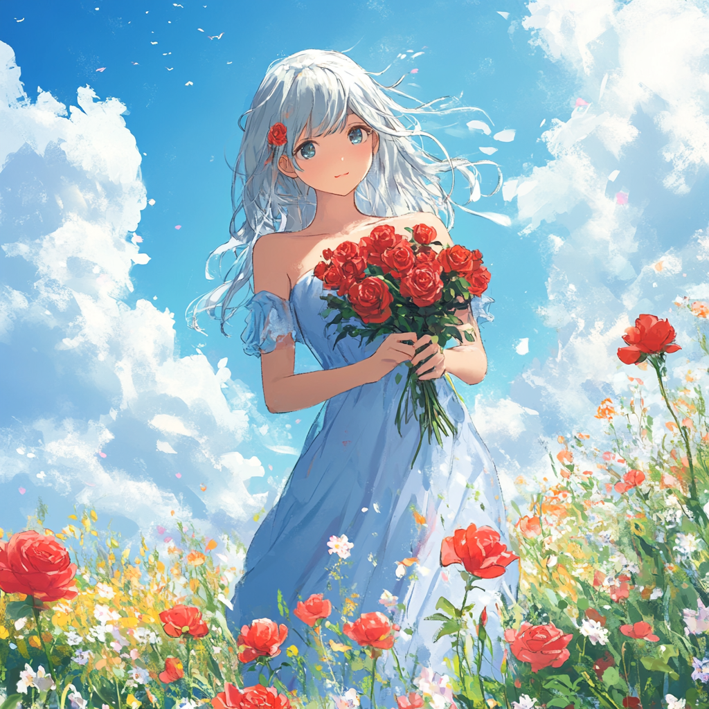 Girl in blue dress holding roses in flower garden.