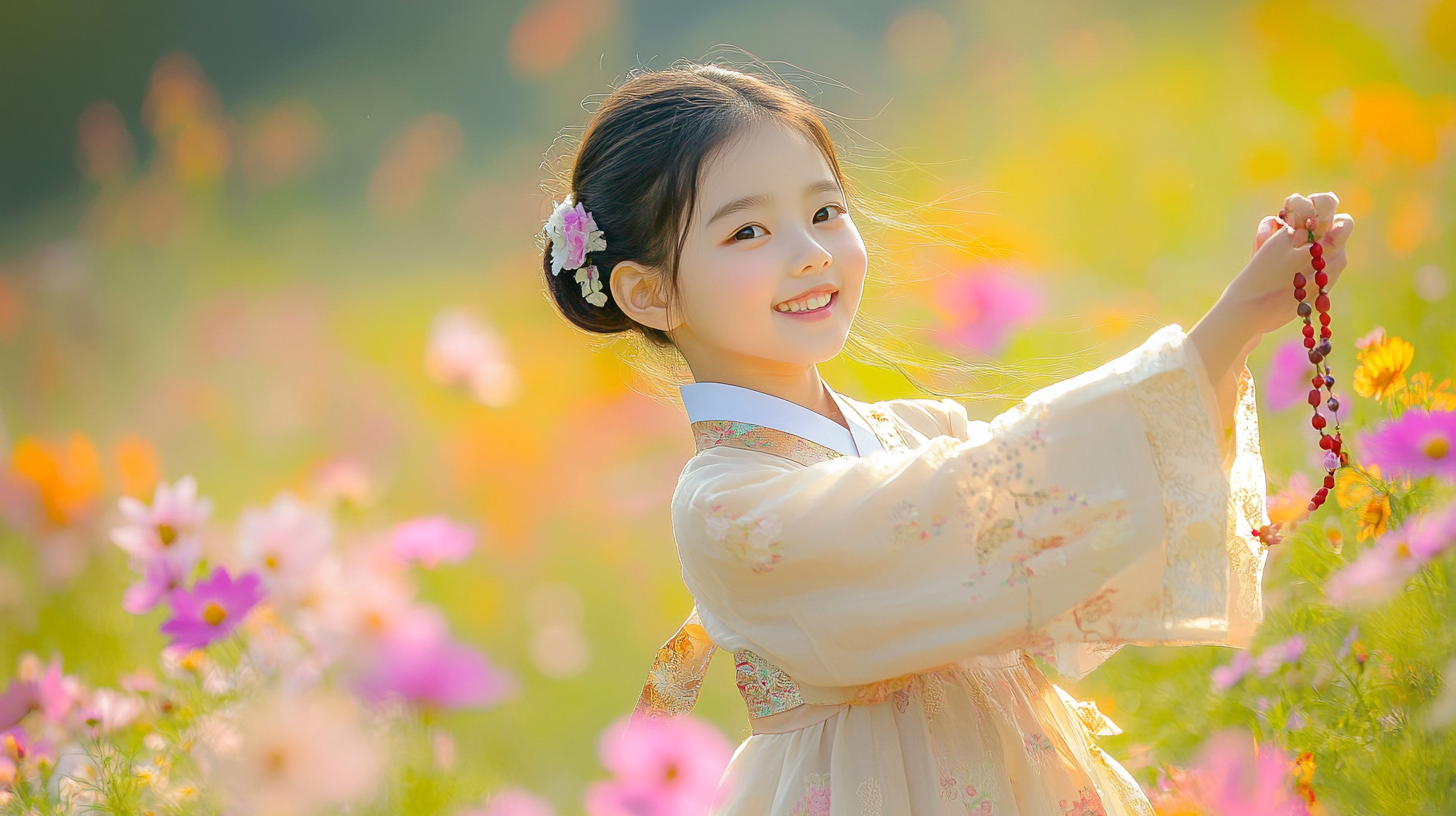 Girl in bodhisattva costume dances joyfully in flower field.