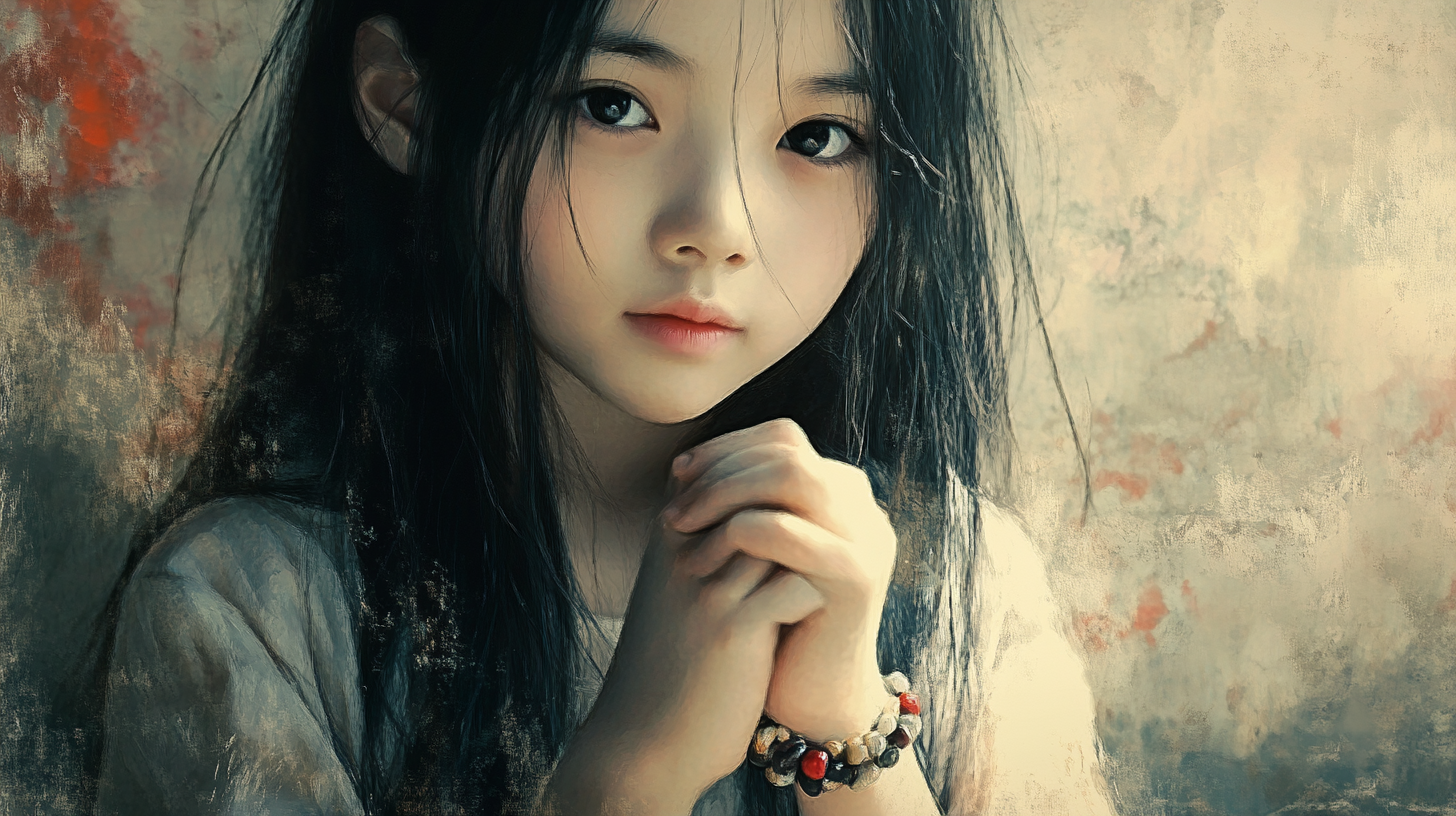 Girl in calming scene, black hair, wearing bracelet.