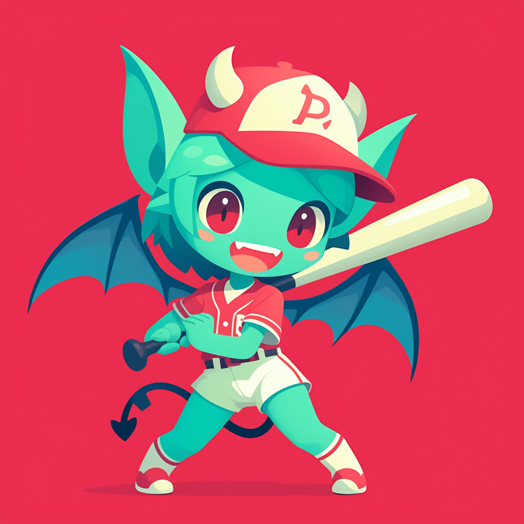 Girl in devil costume as baseball player smiles.