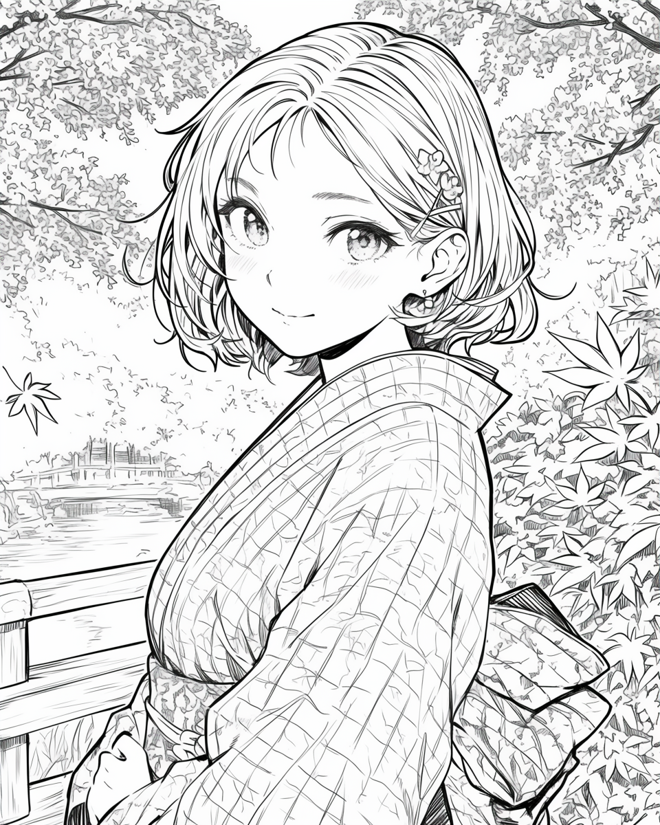 Girl in kimono smiling near river in autumn season.