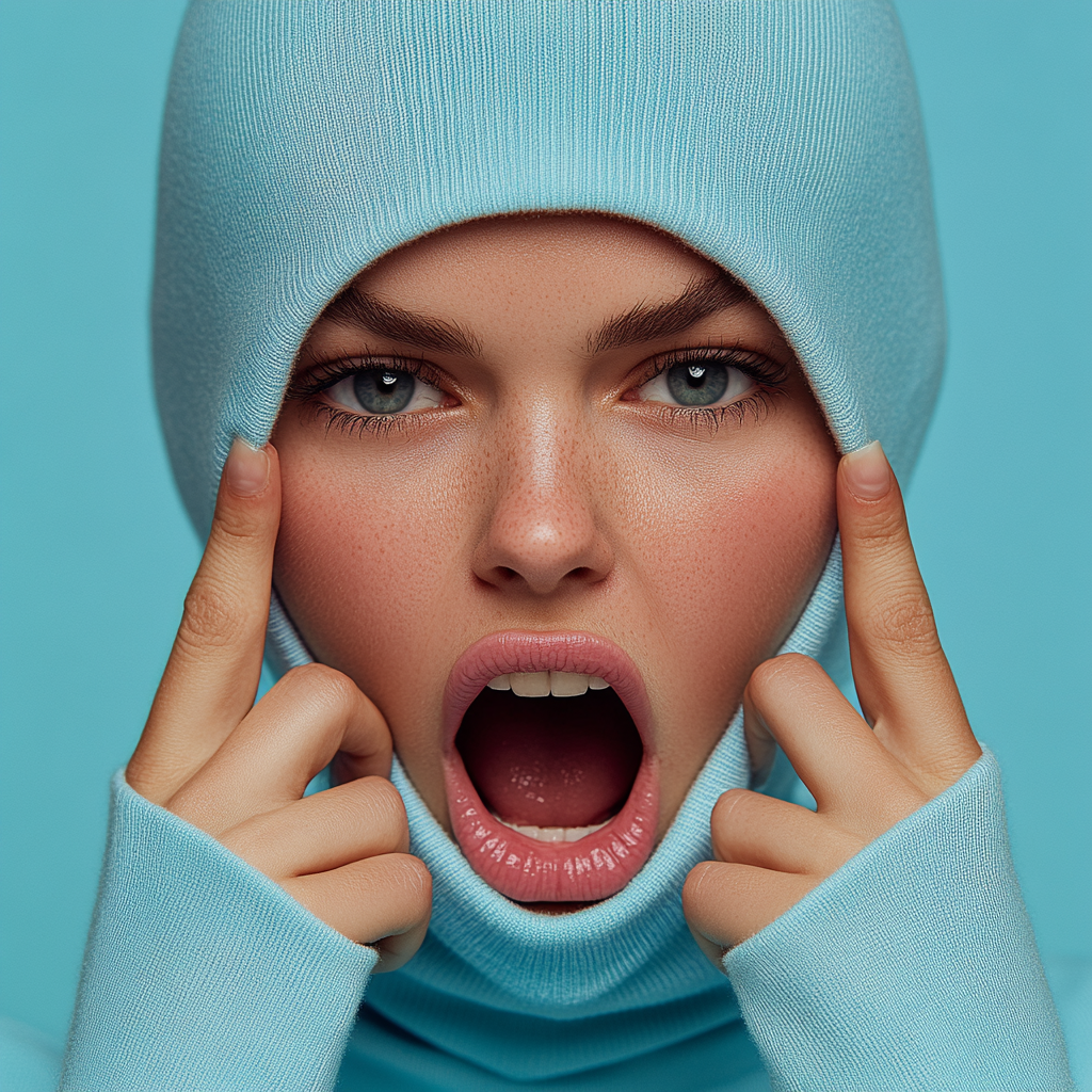 Girl in light balaclava stretching mouth wide showing teeth.