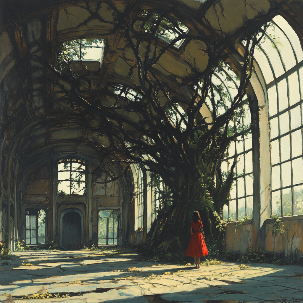 Girl in red dress in old train station with trees