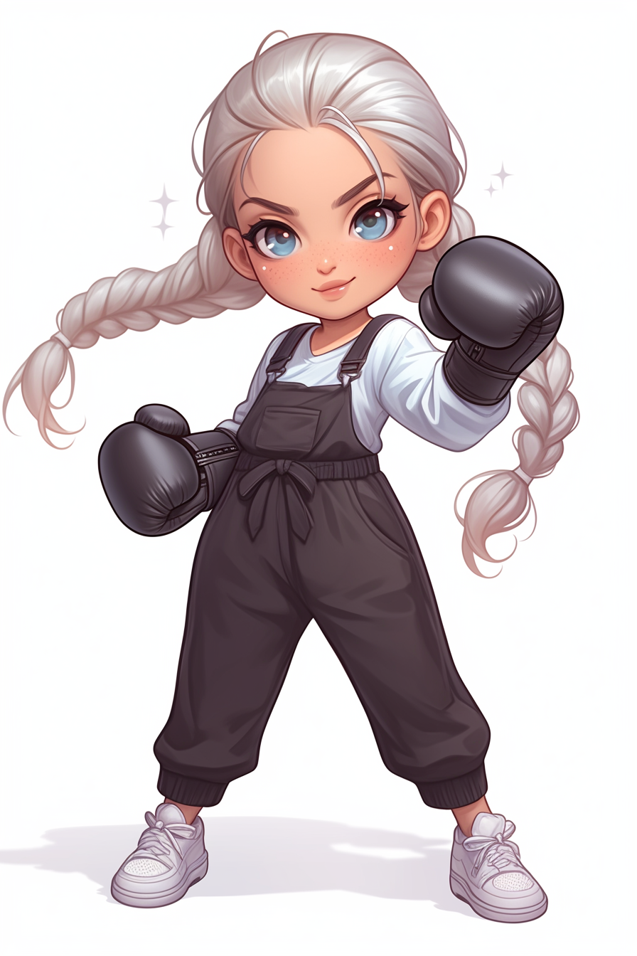 Girl in silver boxing gloves poses in style.