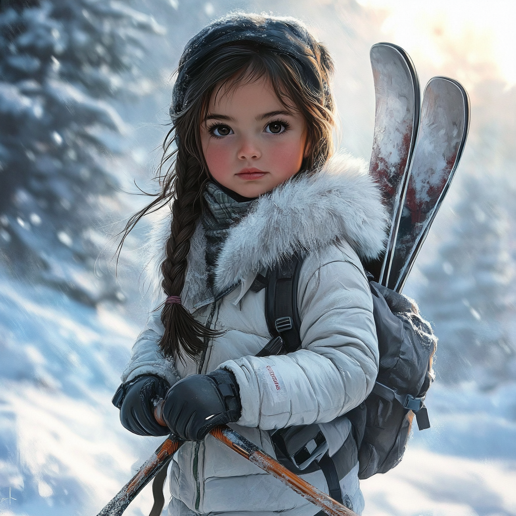 Girl in ski suit with braided hair holding skis.