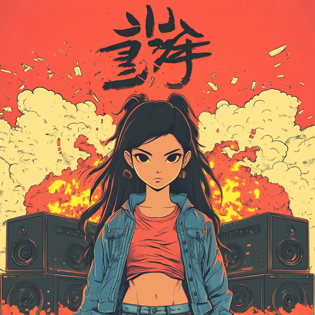 Girl in style of Japanese cartoon with speakers & explosion