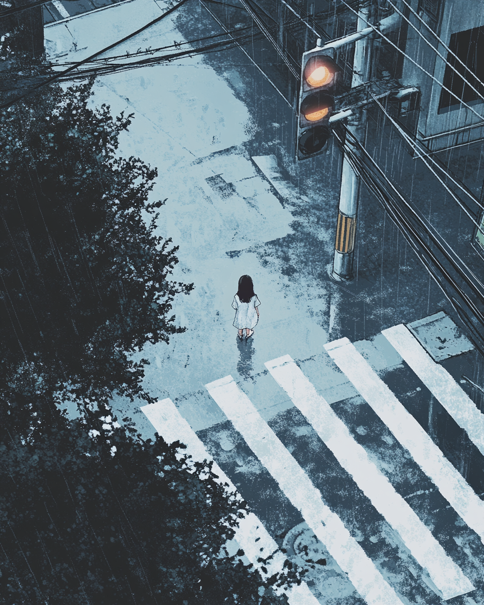 Girl looks up at Tokyo sky under cafe eaves.