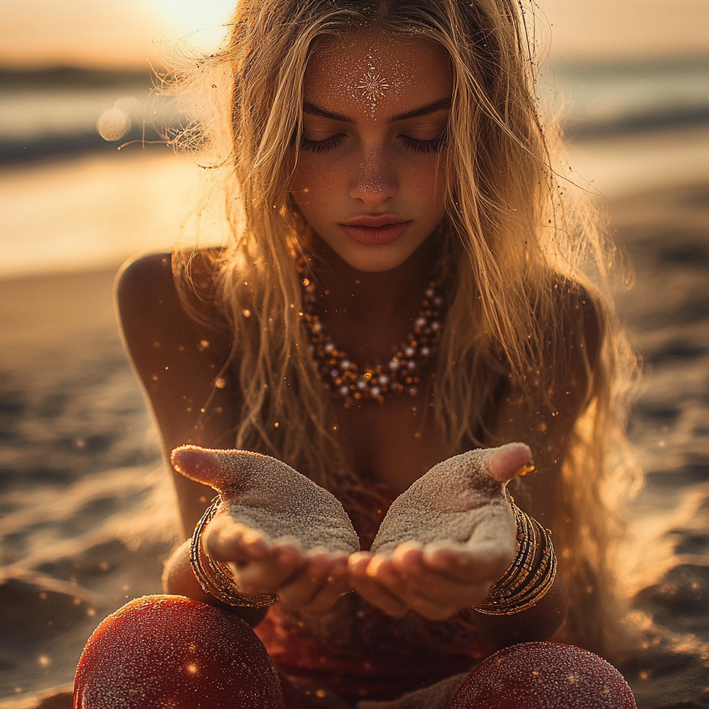 Girl on beach during sunset, covered in sand, jewelry.