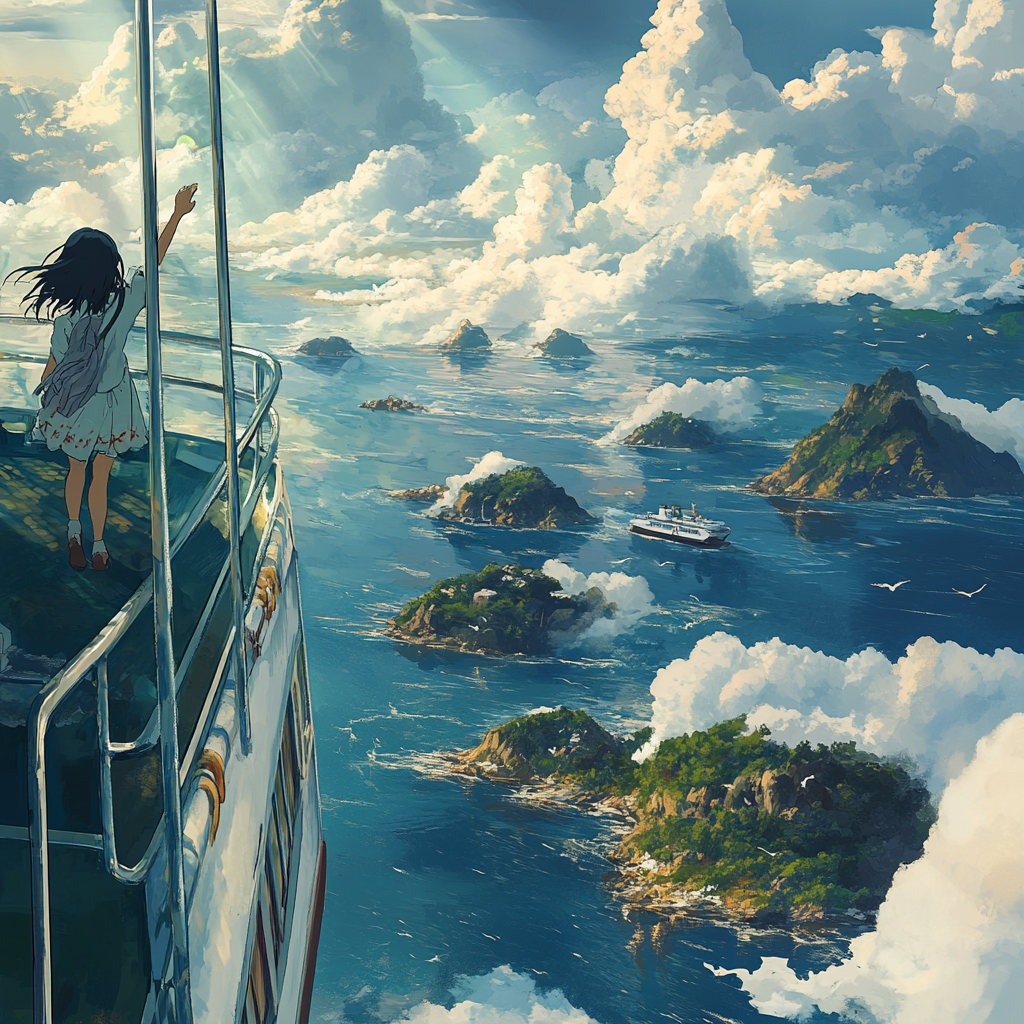 Girl on ferry in Washington state, whimsical Ghibli-like scene.