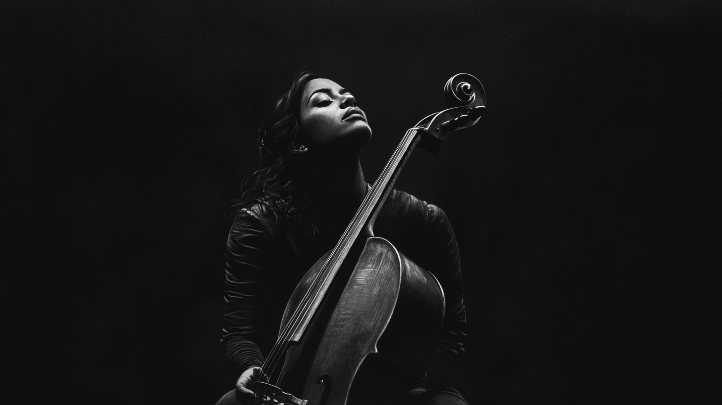 Girl playing cello in dim light