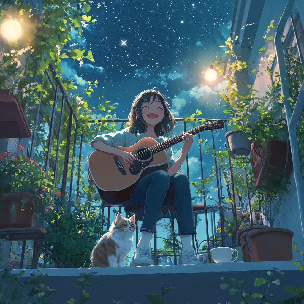 Girl playing guitar on balcony with cat, stars in sky.