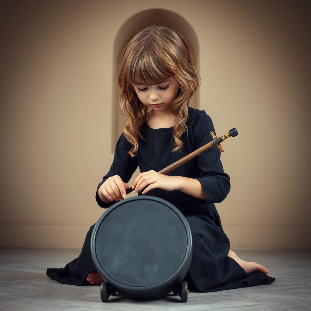 Girl playing handpan in black dress with waves.