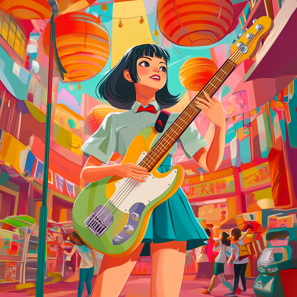 Girl plays electric guitar at lively Japanese festival