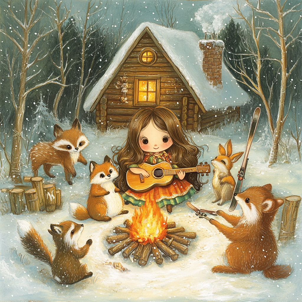 Girl plays guitar for woodland friends by cabin in snow