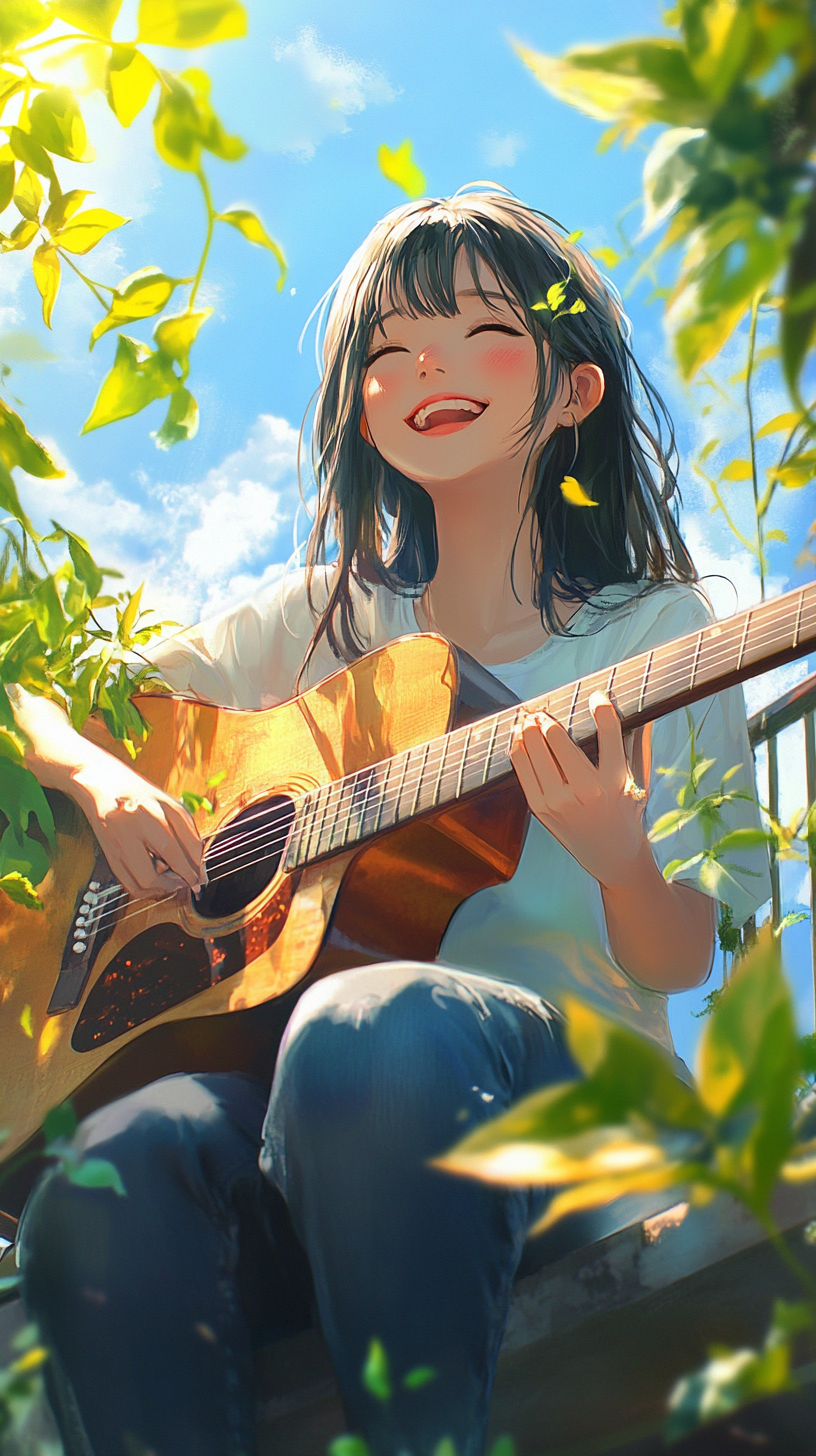 Girl plays guitar on balcony, smiling under sunny sky.