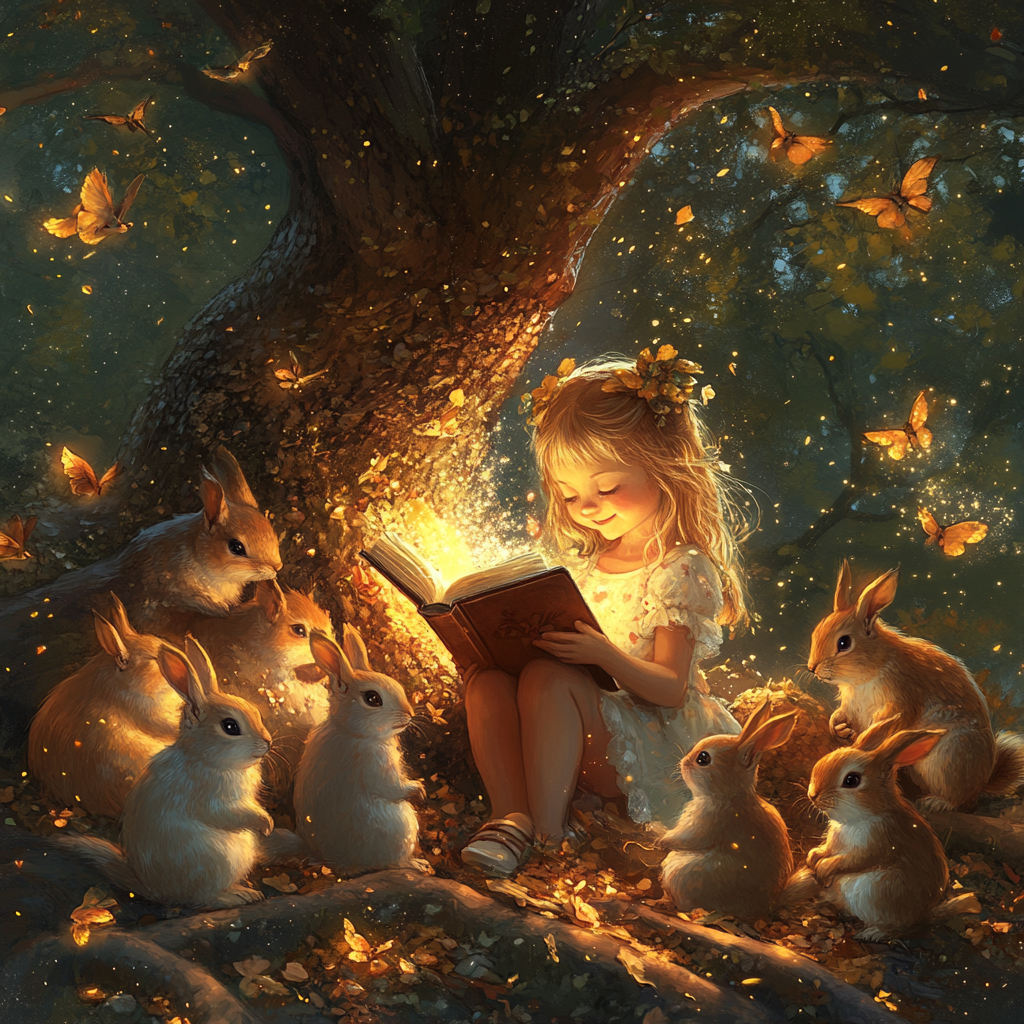 Girl reading book under tree surrounded by animals and dust.