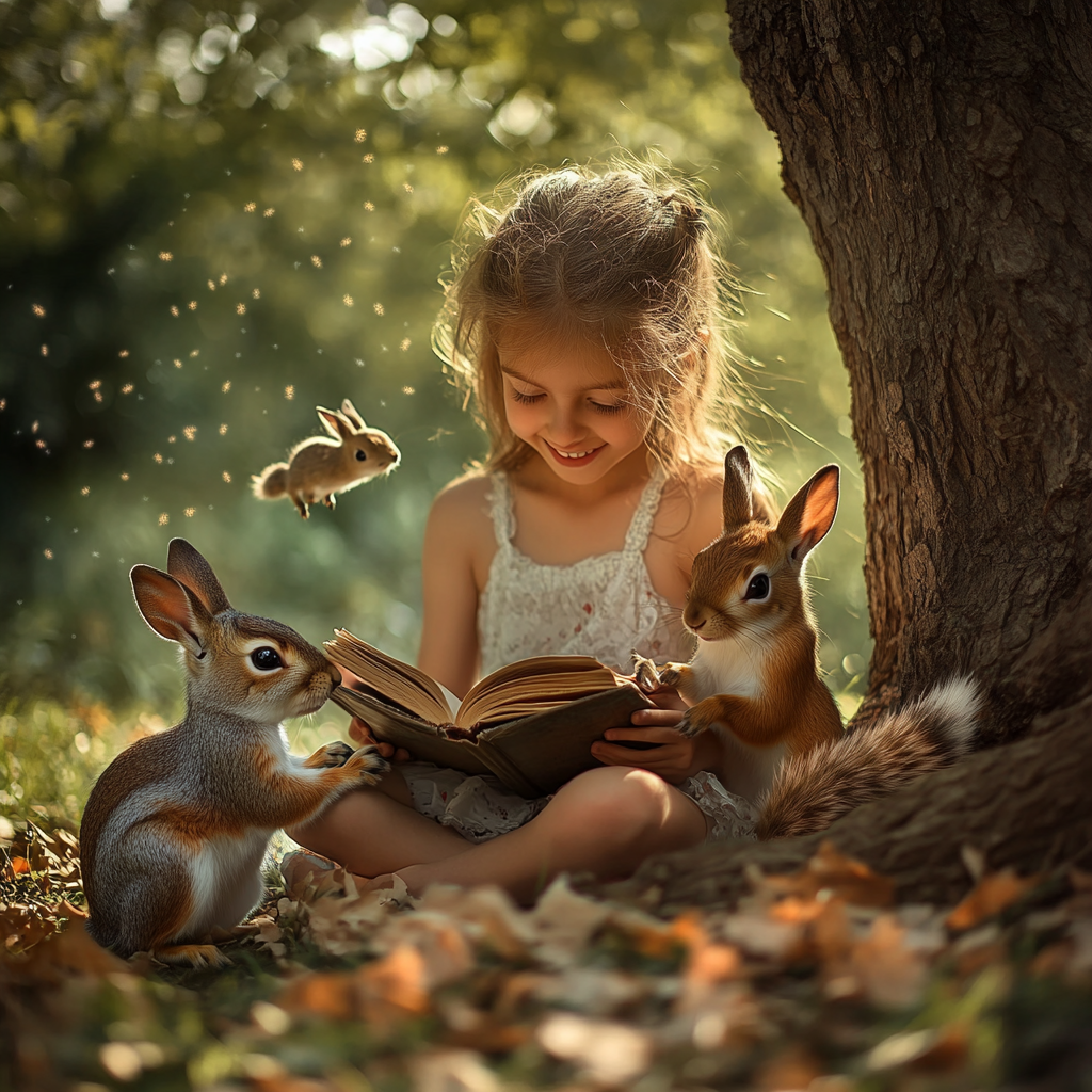 Girl reading book under tree with forest creatures fascinated