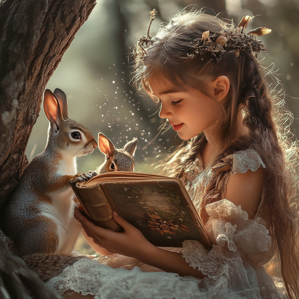 Girl reading book under tree with forest friends.