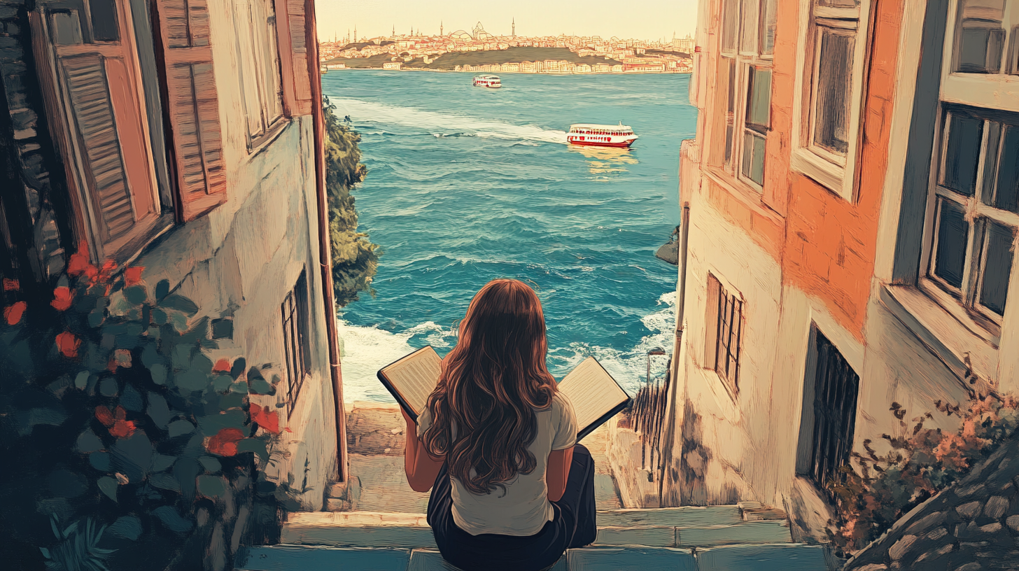 Girl reading on Istanbul stairs overlooking Bosphorus