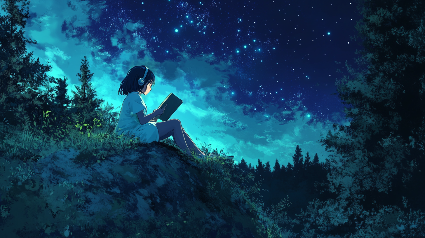 Girl reads book in magic forest at night.