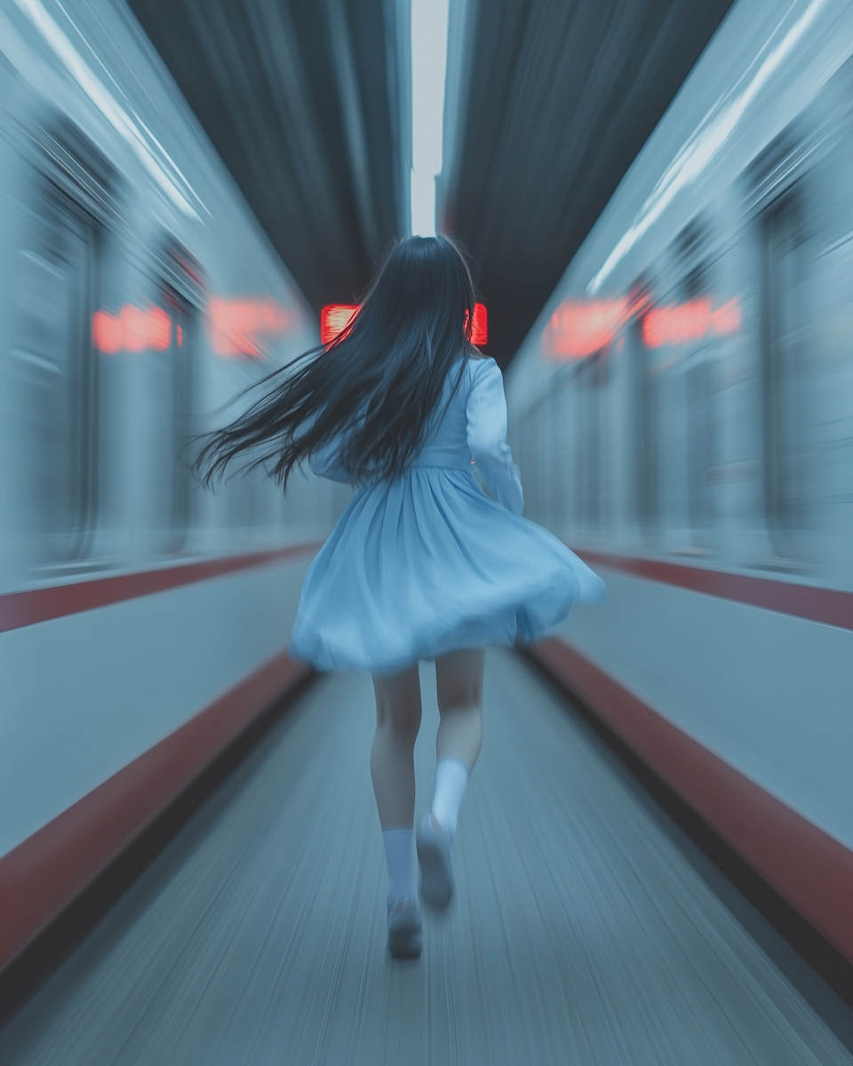 Girl running in front of train with long hair.