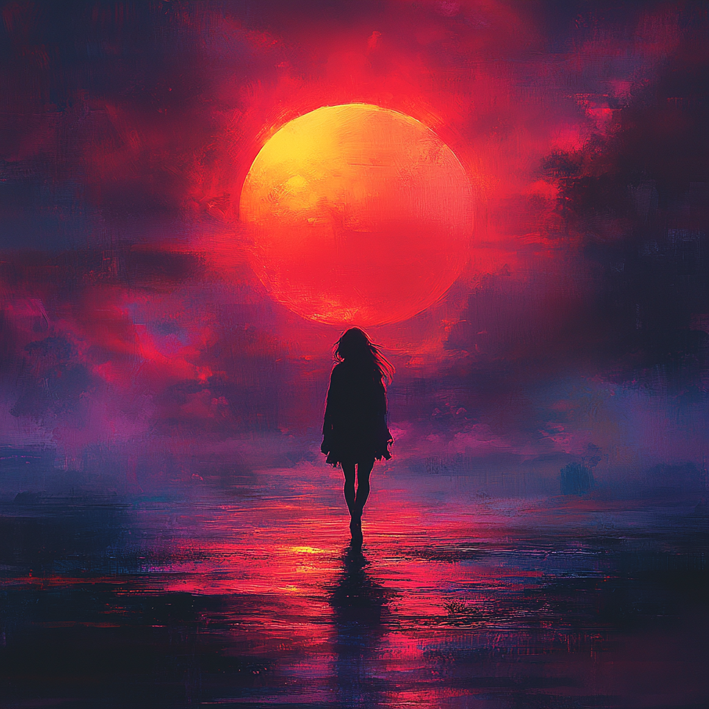 Girl silhouette walking in vibrant sunset, mysterious atmosphere.