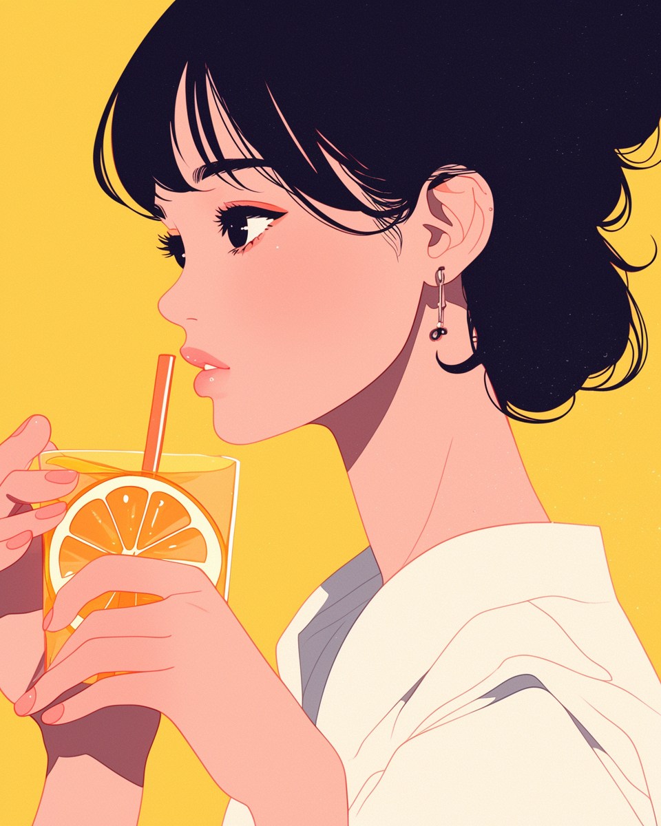 Girl sipping tea with orange straw, serene expression.