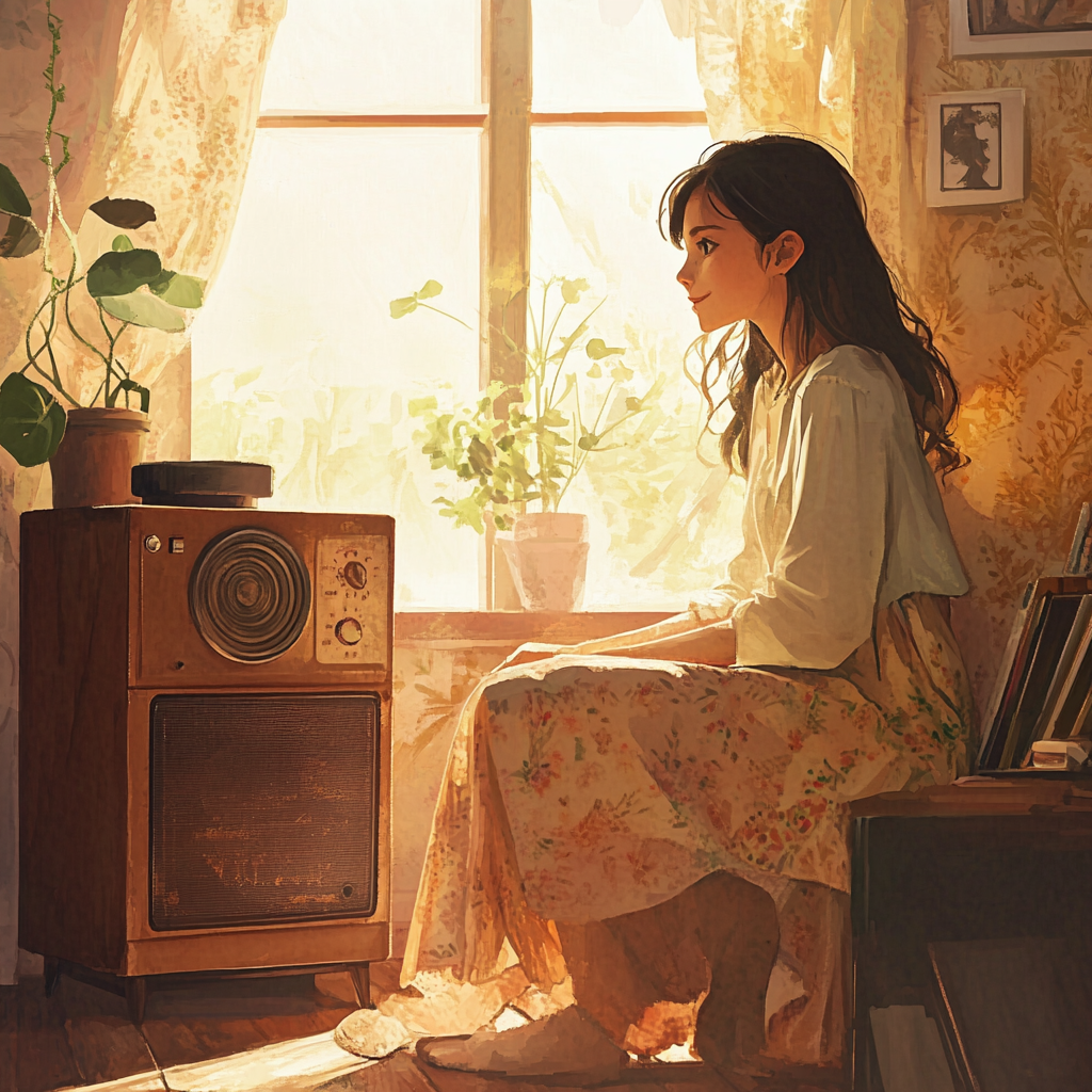 Girl sits by vintage radio in cozy room.