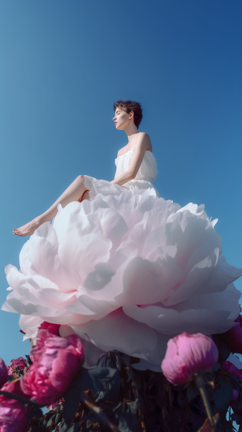 Girl sits on giant peony with pink petals outdoors.