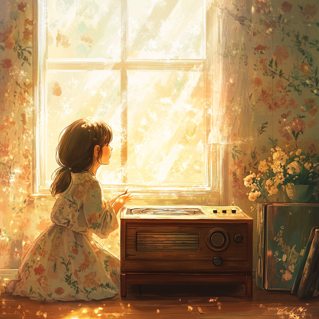 Girl sitting by vintage radio in cozy room.