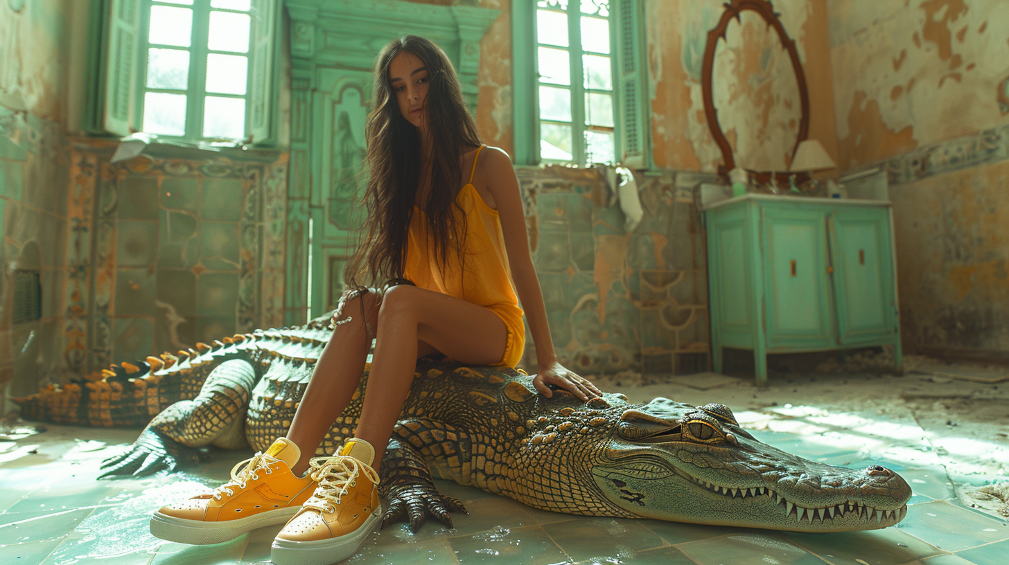 Girl sitting on crocodile in fashion editorial shoot