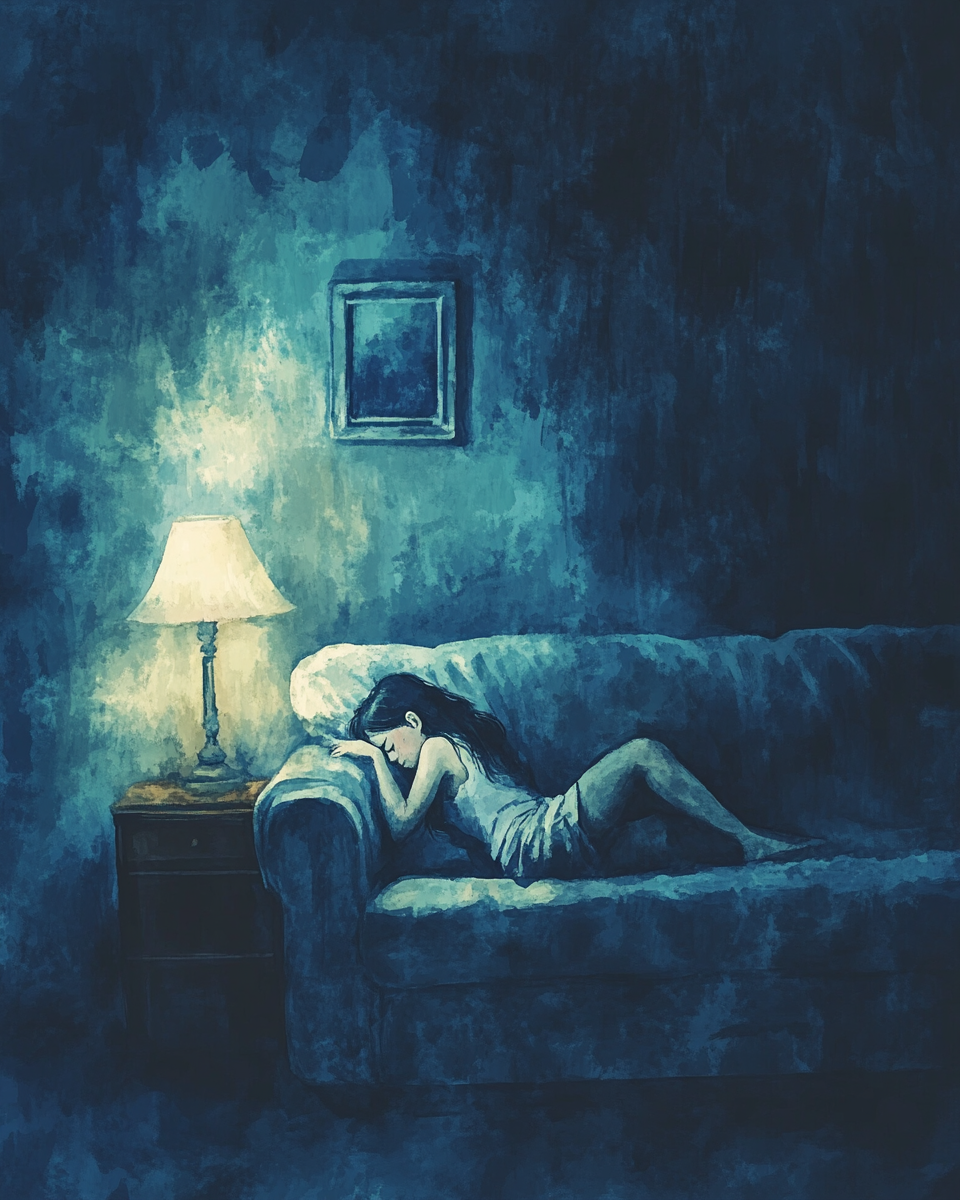 Girl sleeping on sofa in dimly lit room.