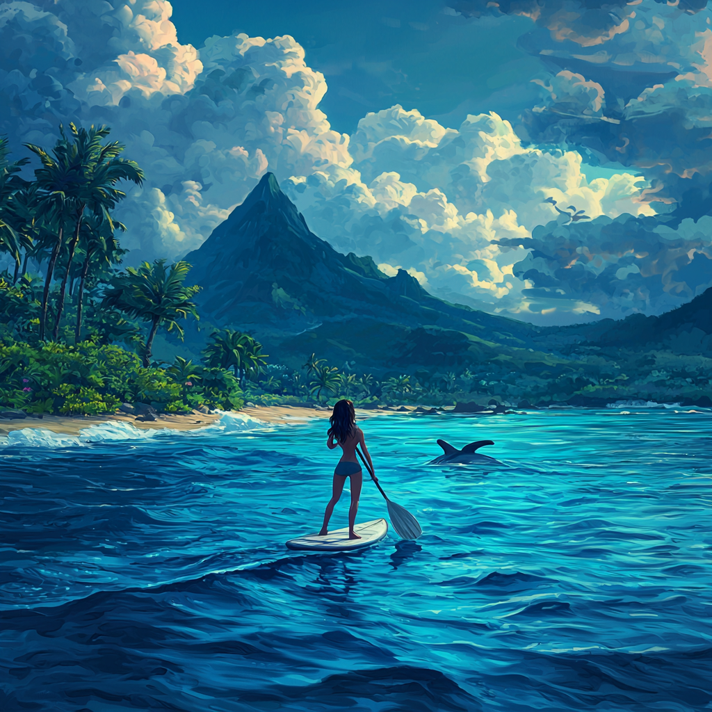 Girl surfing in Hawaii with shark approaching, tropical theme.