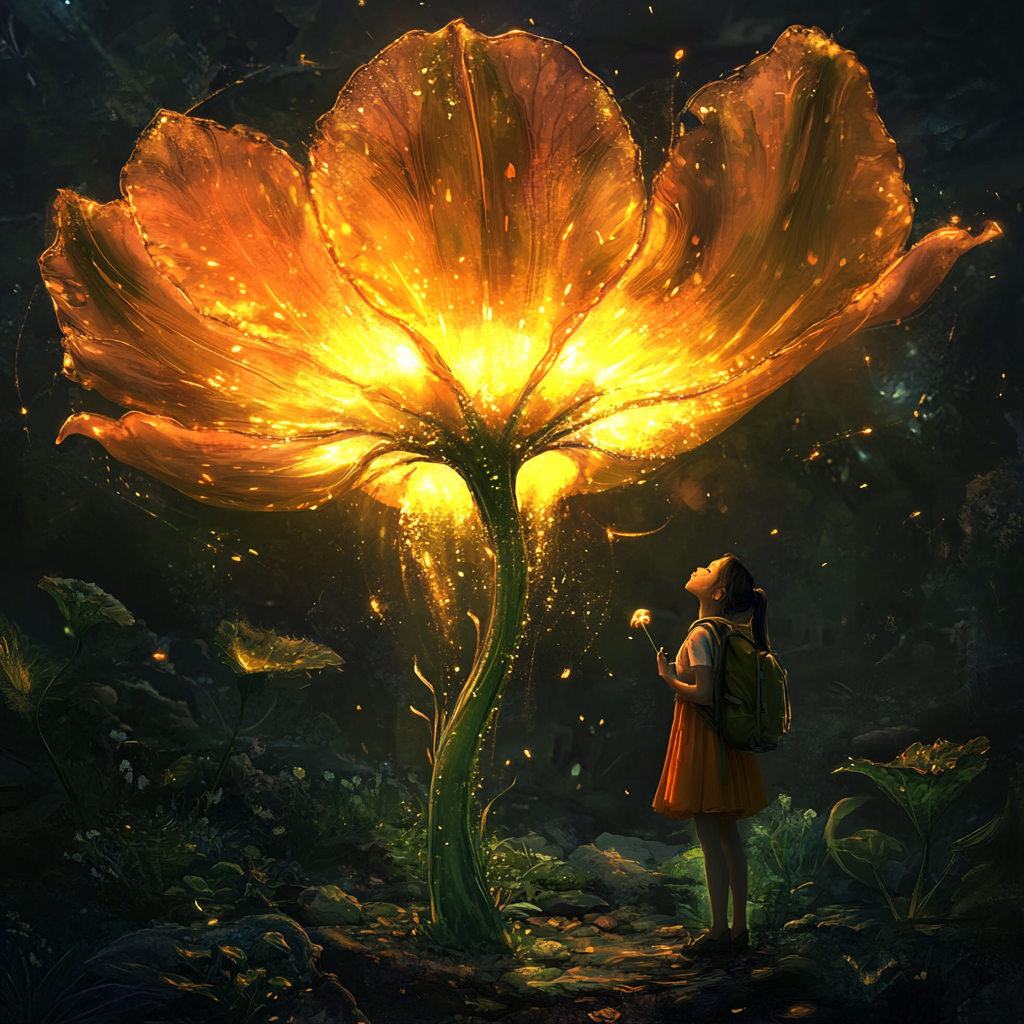 Girl under giant shiny magical flower with golden nectar.