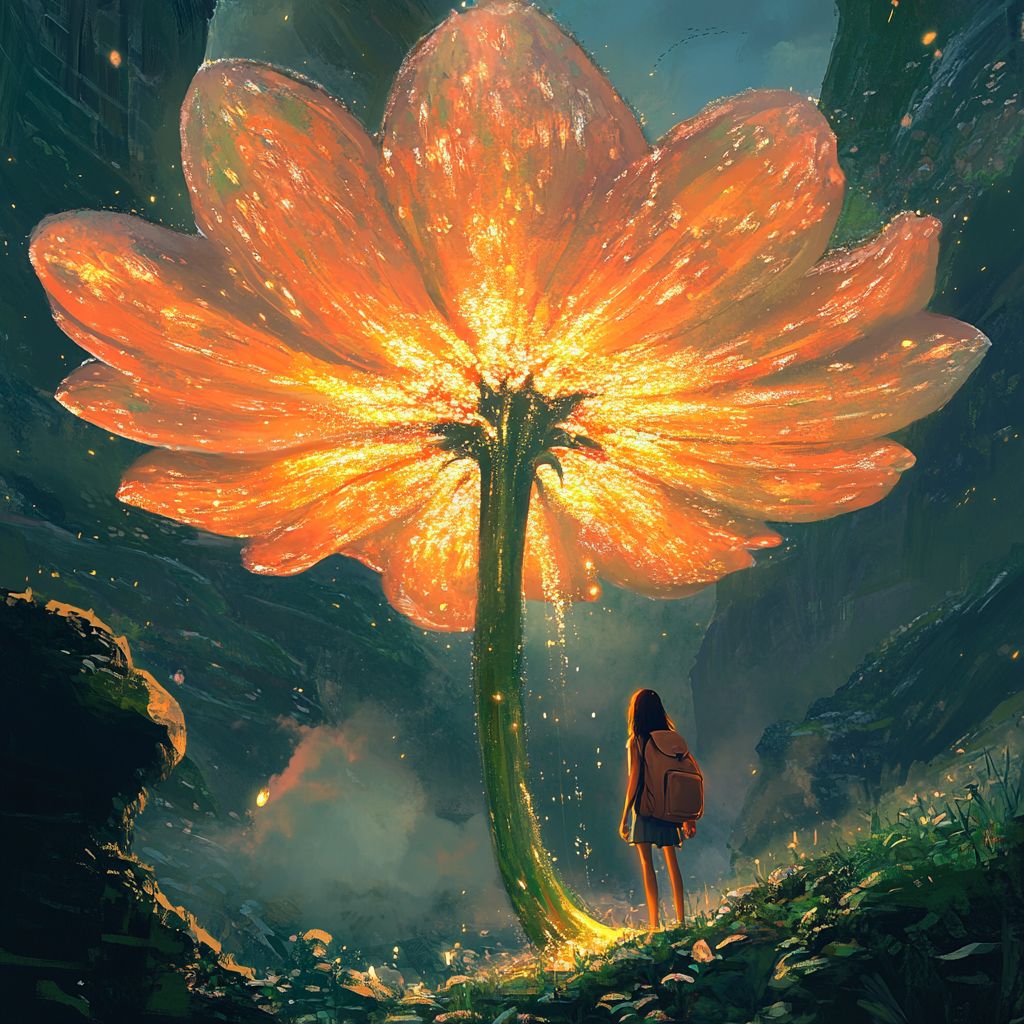 Girl under magical shimmering flower with golden nectar.