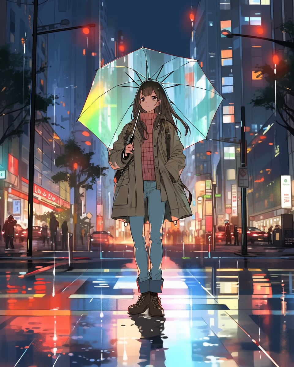 Girl under umbrella in city, anime style illustration.