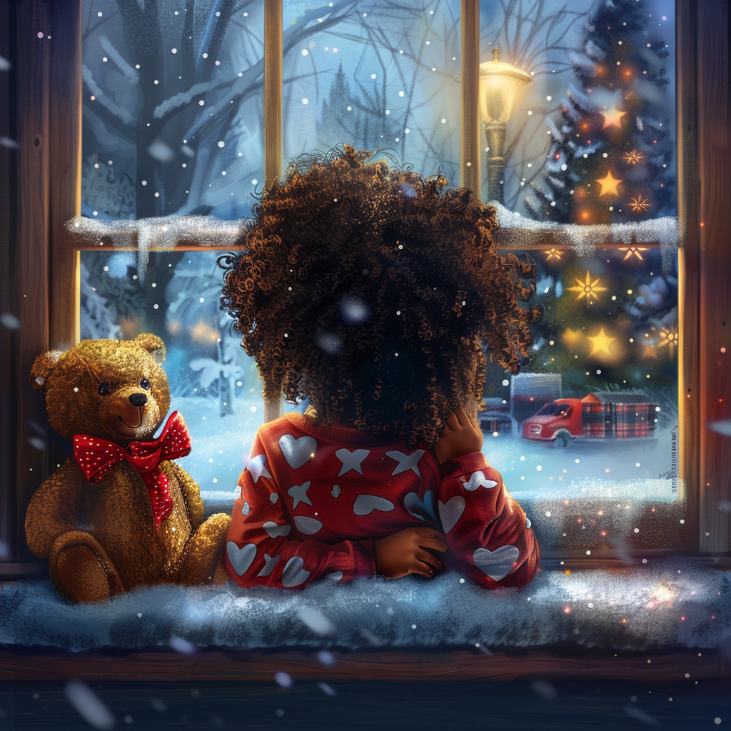 Girl waits for Santa in Christmas pajamas.