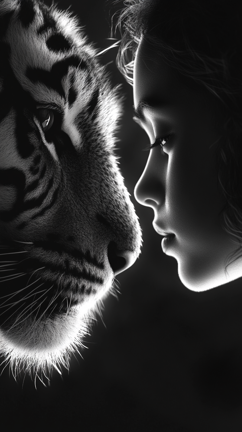 Girl whispering to tiger in shadow- monochrome masterpiece.