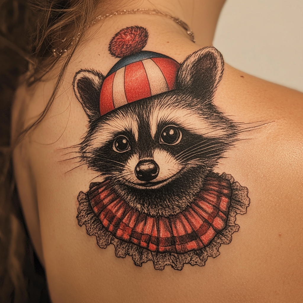 Girl with Circus Clown Raccoon on Shoulder