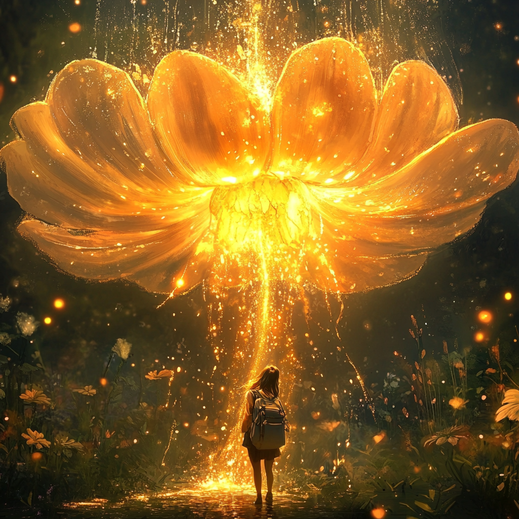 Girl with backpack stands under shimmering magical flower, nectar-filled.