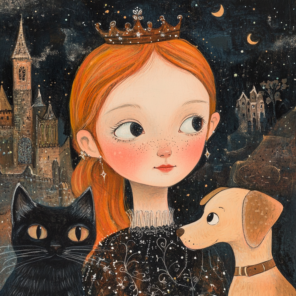 Girl with black cat, mummy, magical powers, queen.