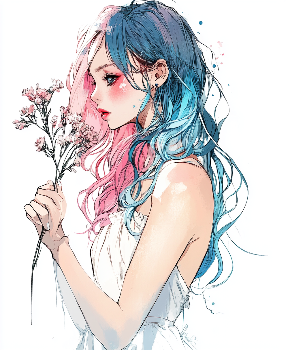 Girl with blue and pink hair holding flowers drawn.