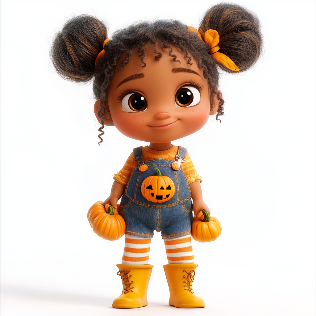 Girl with braided hair, pumpkin patch overalls, striped tights.