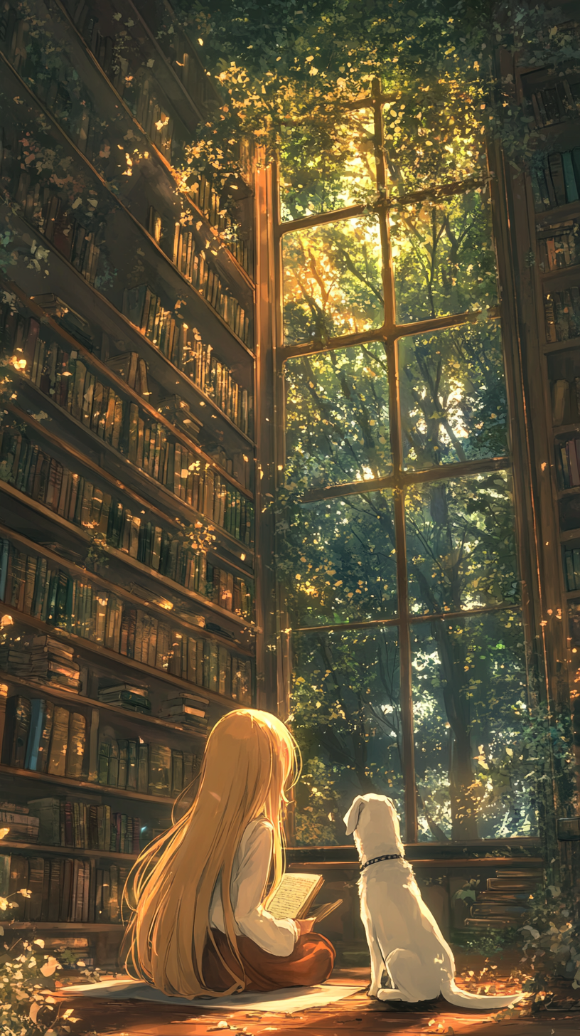 Girl with long golden hair studies in quiet library.