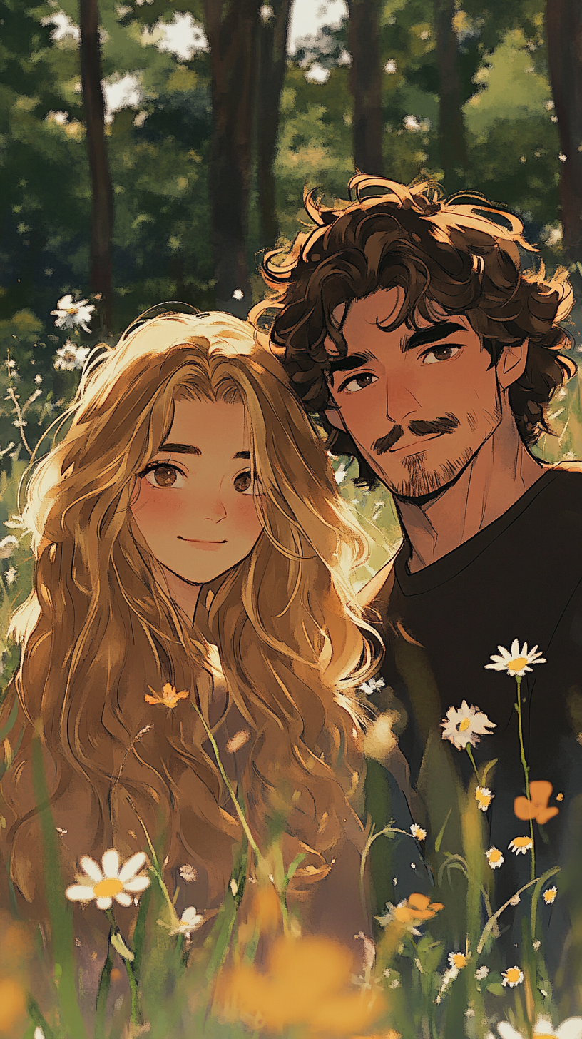 Girl with long wavy hair and man with mustache.