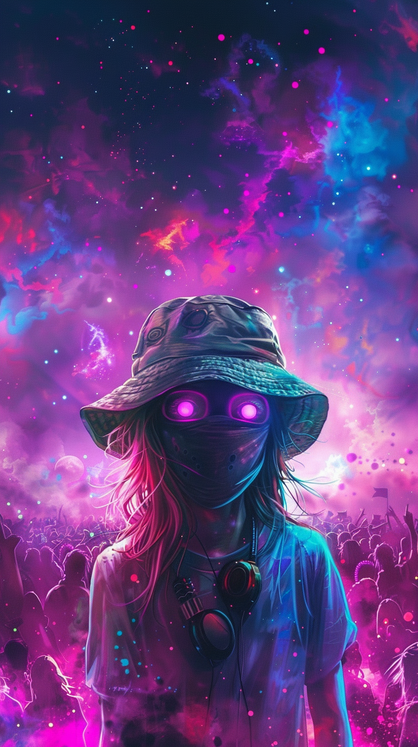 Girl with mask and hat at festival with universe.