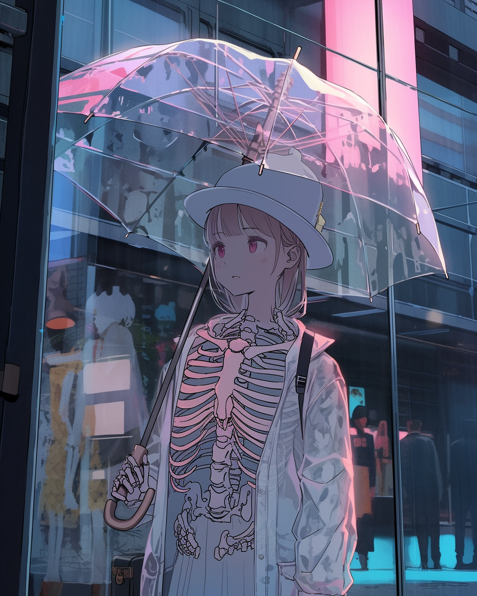 Girl with pastel umbrella anime style urban background city.