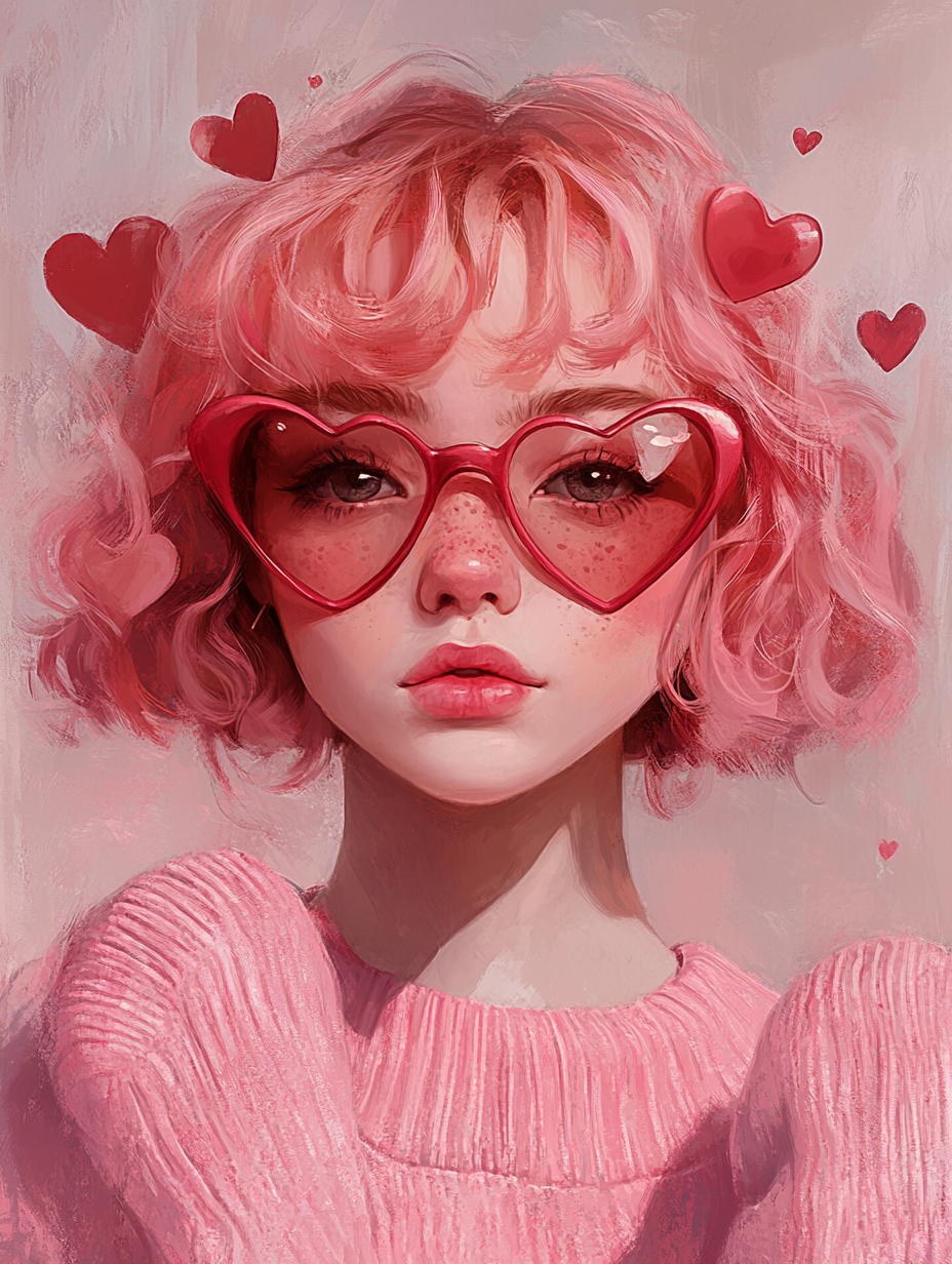 Girl with pink curly hair, heart glasses, soft face.