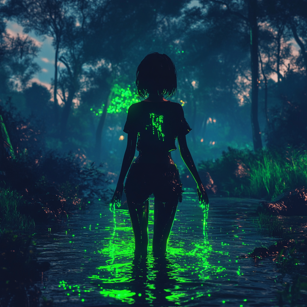 Girl with short black hair in forest river at night.